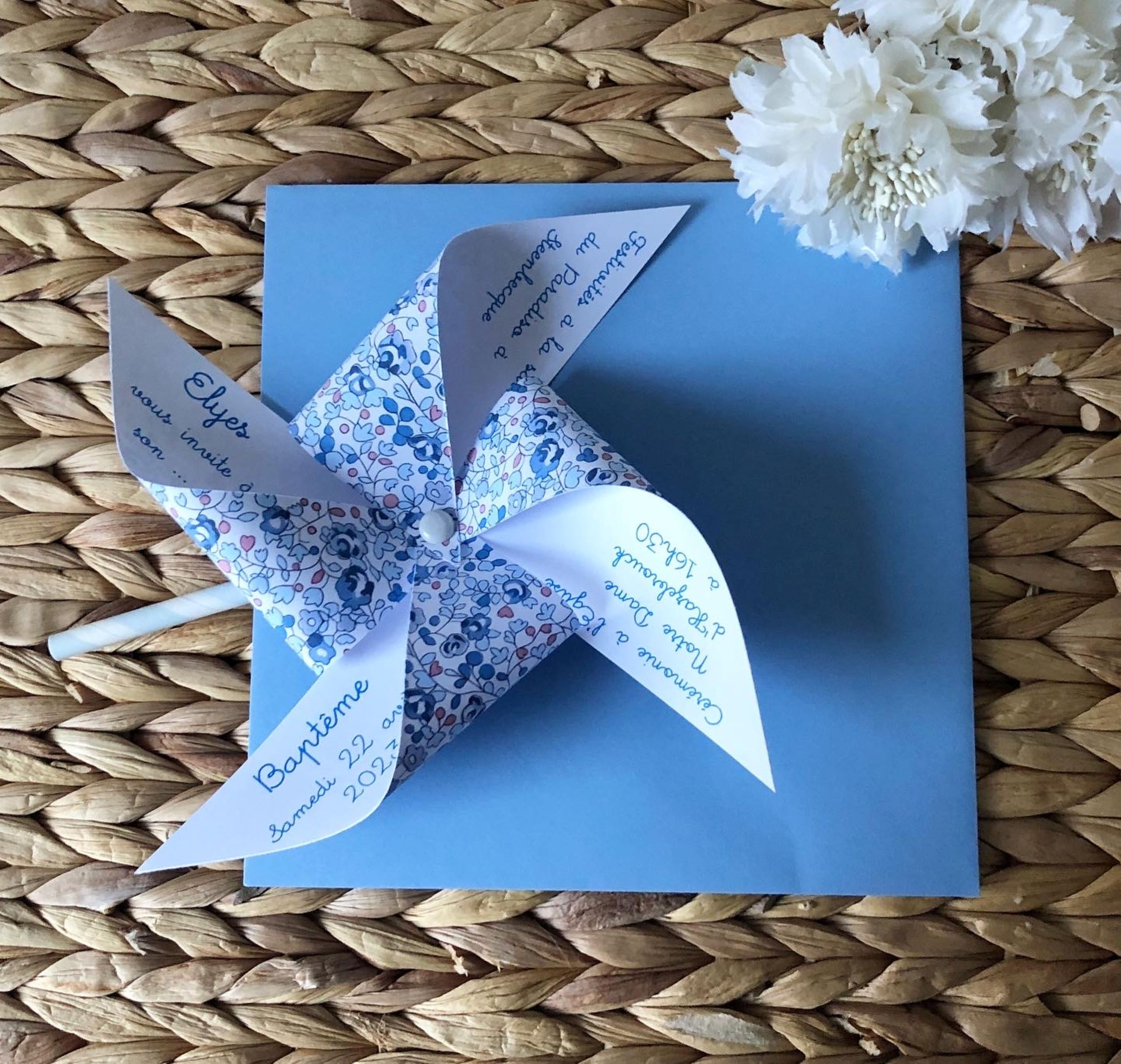 Faire-part moulin à vent liberty bleu baptême, mariage original et personnalisé.