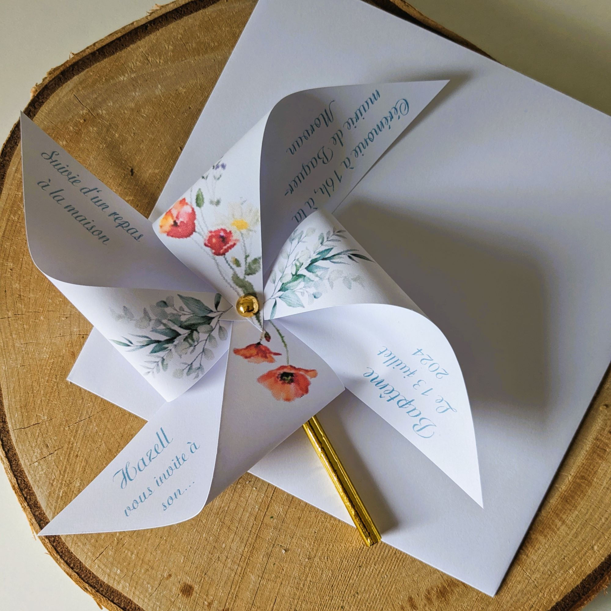 Faire-part moulin à vent coquelicot et fleurs baptême, mariage original et personnalisé.