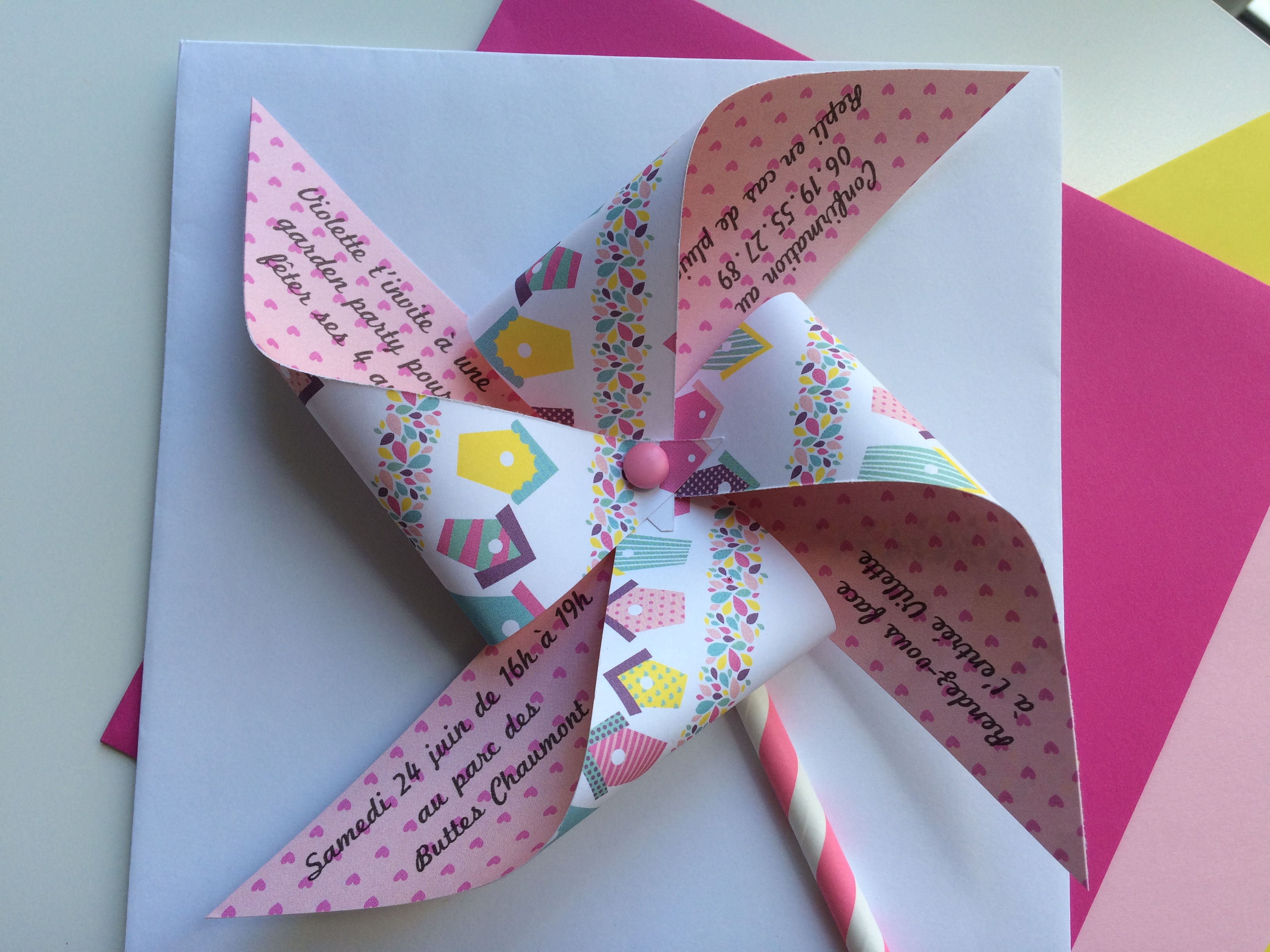 Faire-part moulin à vent cœur baptême, mariage original et personnalisé.