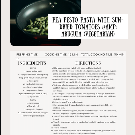 Pea Pesto Pasta with Sundried Tomatoes & Arugula (Vegetarian)