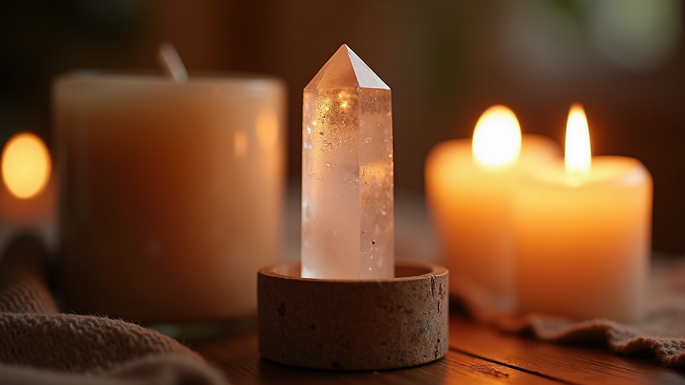 Close-up view of a crystal and candle setup for energy healing