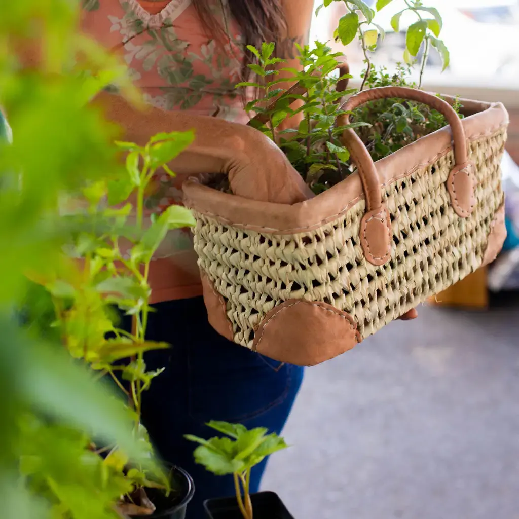Open Weave Basket with Leather Trim