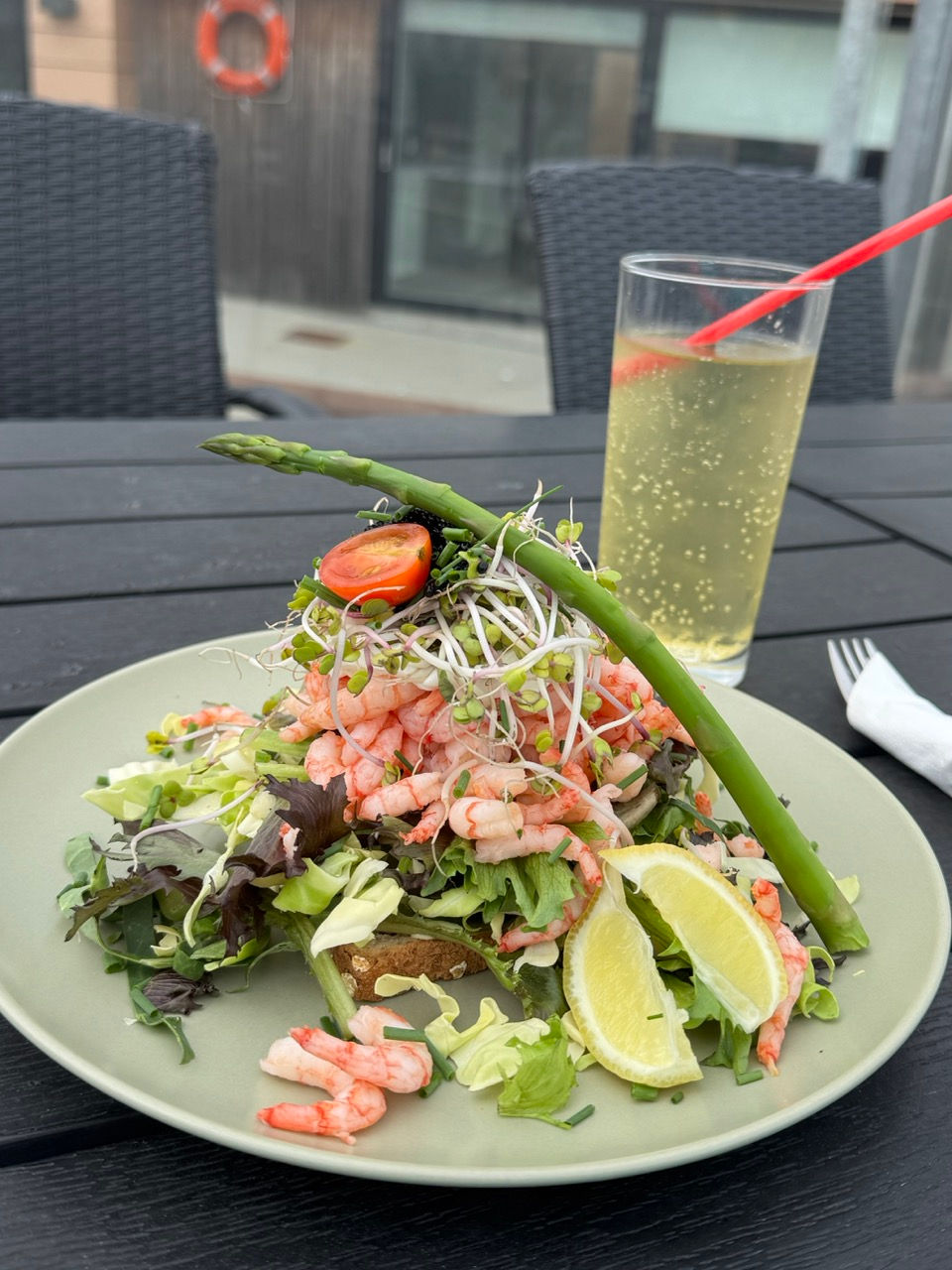 Healthy outdoor shrimp salad lunch in Hirtsdalen Norway