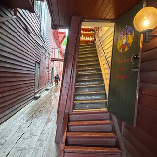Historic crooked wooden stairs in the UNESCO site of Brygge