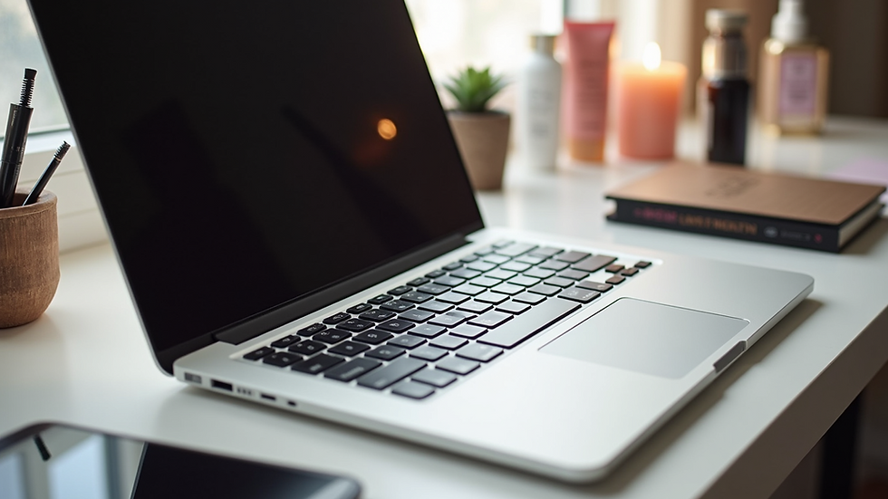 High angle view of a laptop on a desk with beauty products
