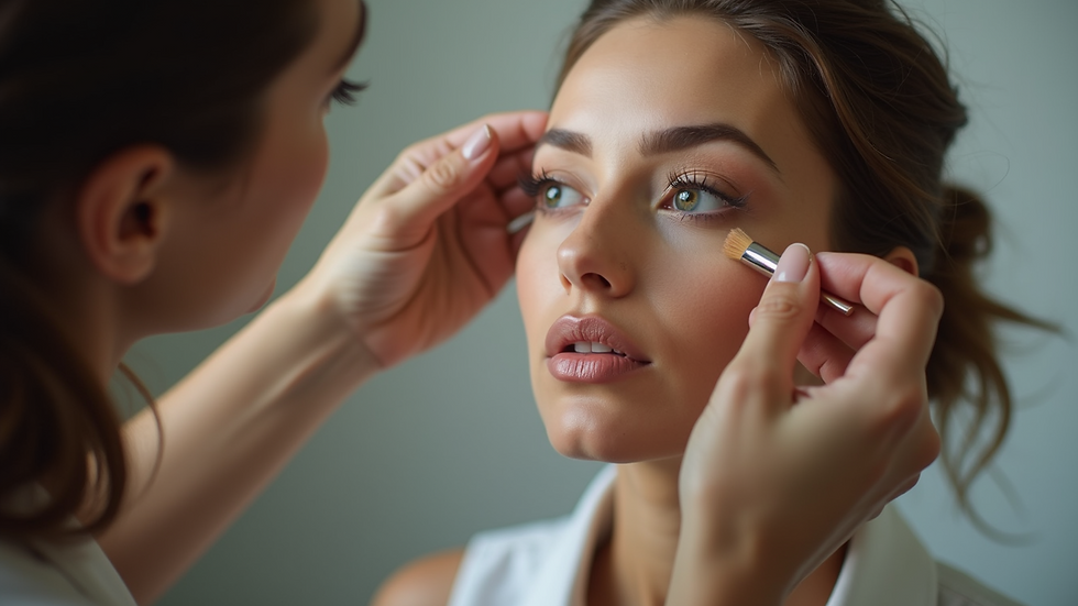 Eye-level view of a makeup artist applying foundation on a model