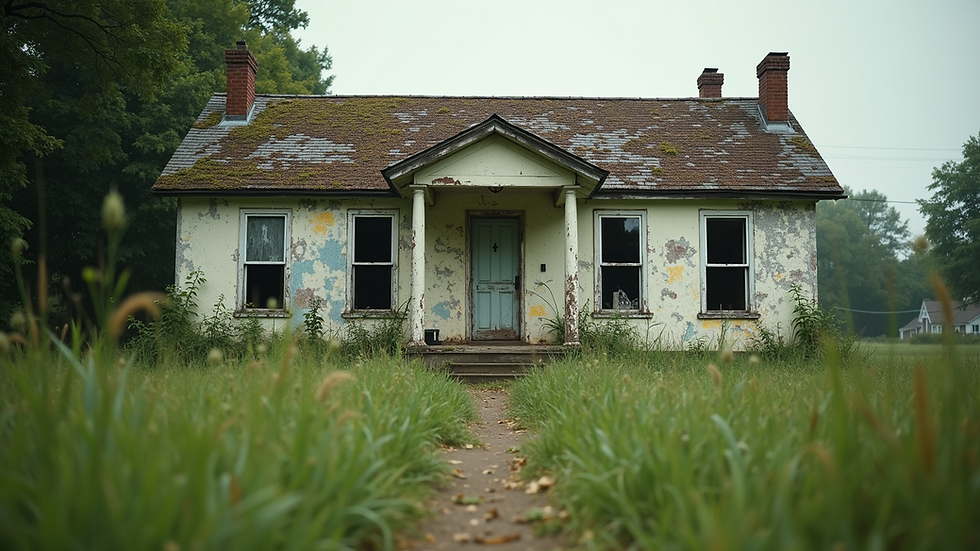 Eye-level view of a distressed property with overgrown grass and peeling paint