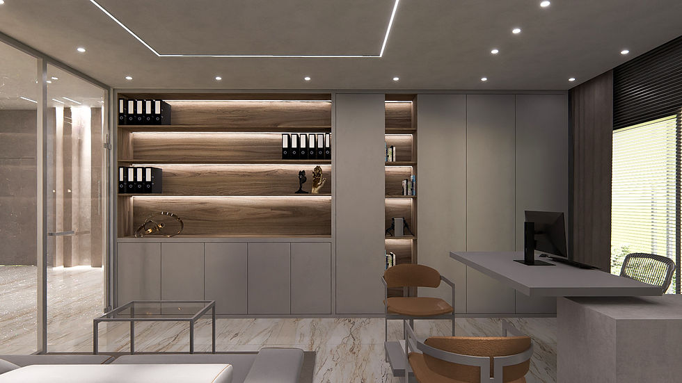 Modern office interior design with desk, chairs, and shelving
