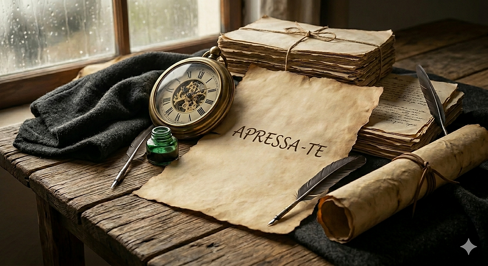 Um papiro com escrito "APRESSA-TE"