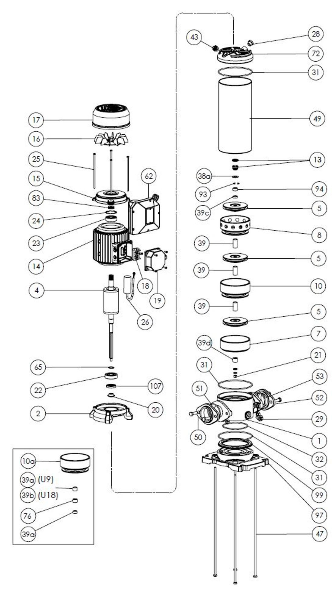 Exploded diagram QF820188260Z Spares model P 18SLX-750/8T 400/690-50 IE3 FORAS, PENTAX, MARLY water pumps