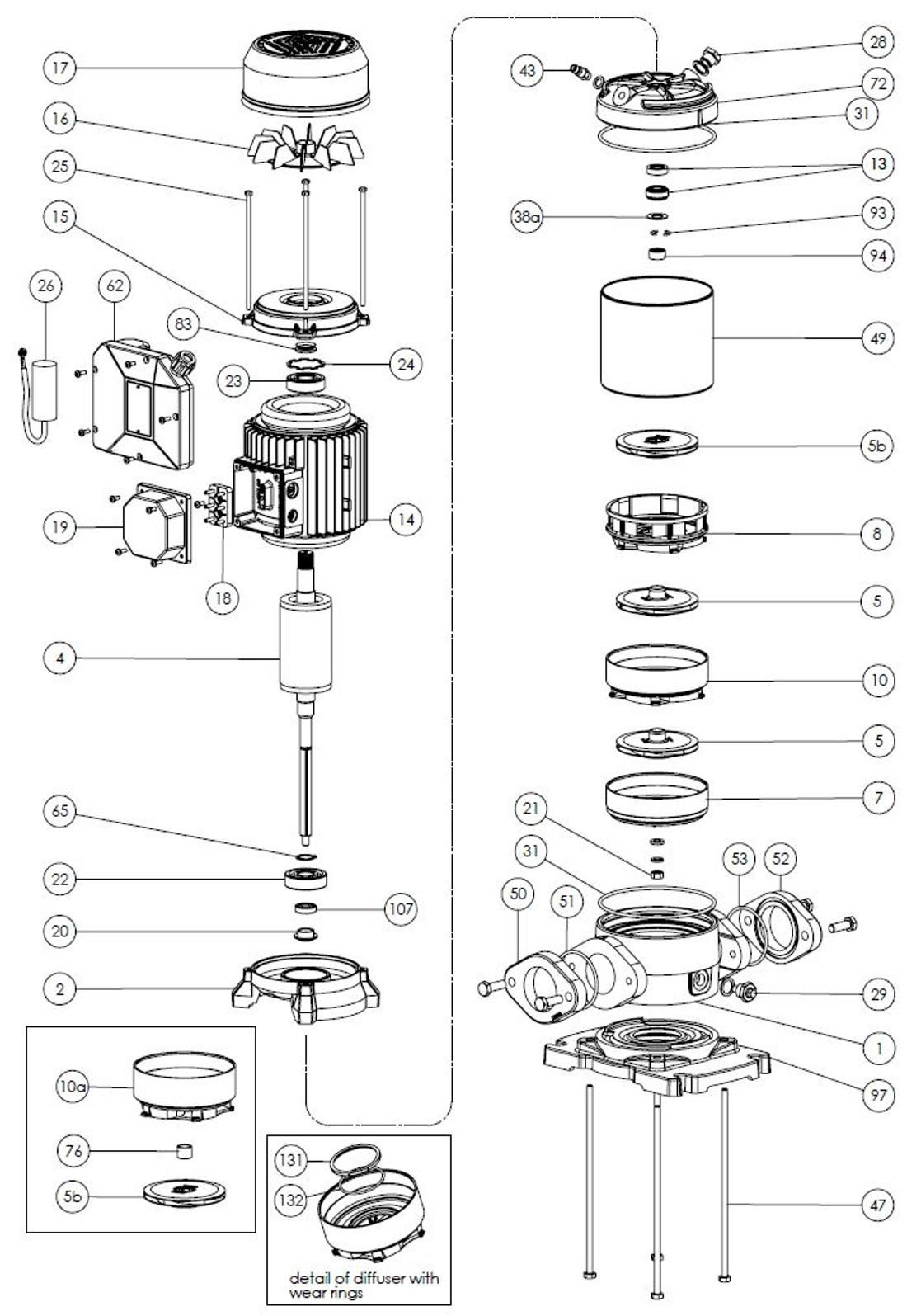 Exploded diagram QF810910040Z Spares model P 9L-550/10T 230/400-50 IE3 FORAS, PENTAX, MARLY water pumps