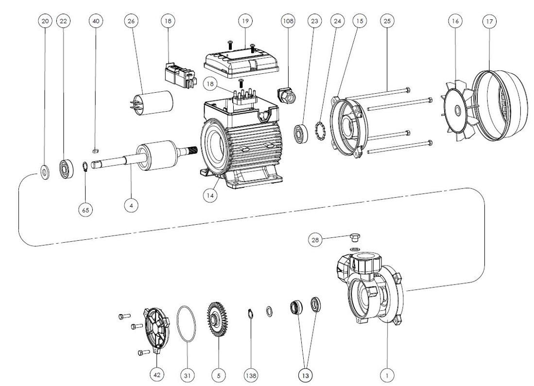 Spares PL100 230-50 PF020050000ZX FORAS, PENTAX and MARLY water pumps_exploded diagram