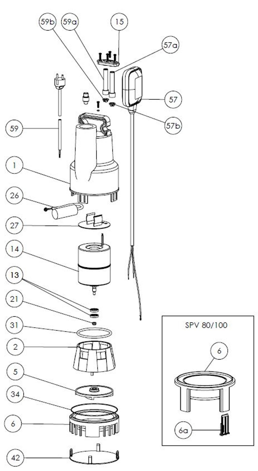 Spares SP60 230-50 (H05RNF 10,2m) PF620010000Z FORAS, PENTAX, MARLY water pumps_exploded diagram