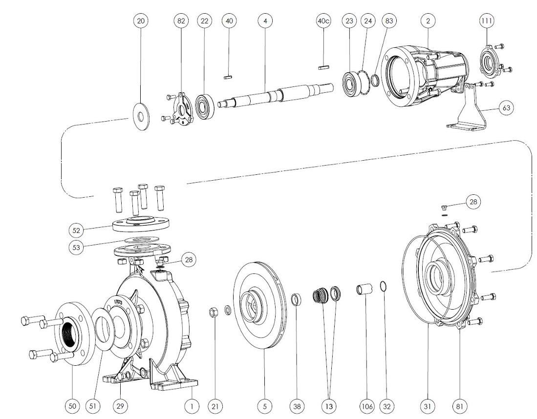 Spares MA40-125A 50Hz PF07018 FORAS, PENTAX, MARLY water pumps_exploded diagram