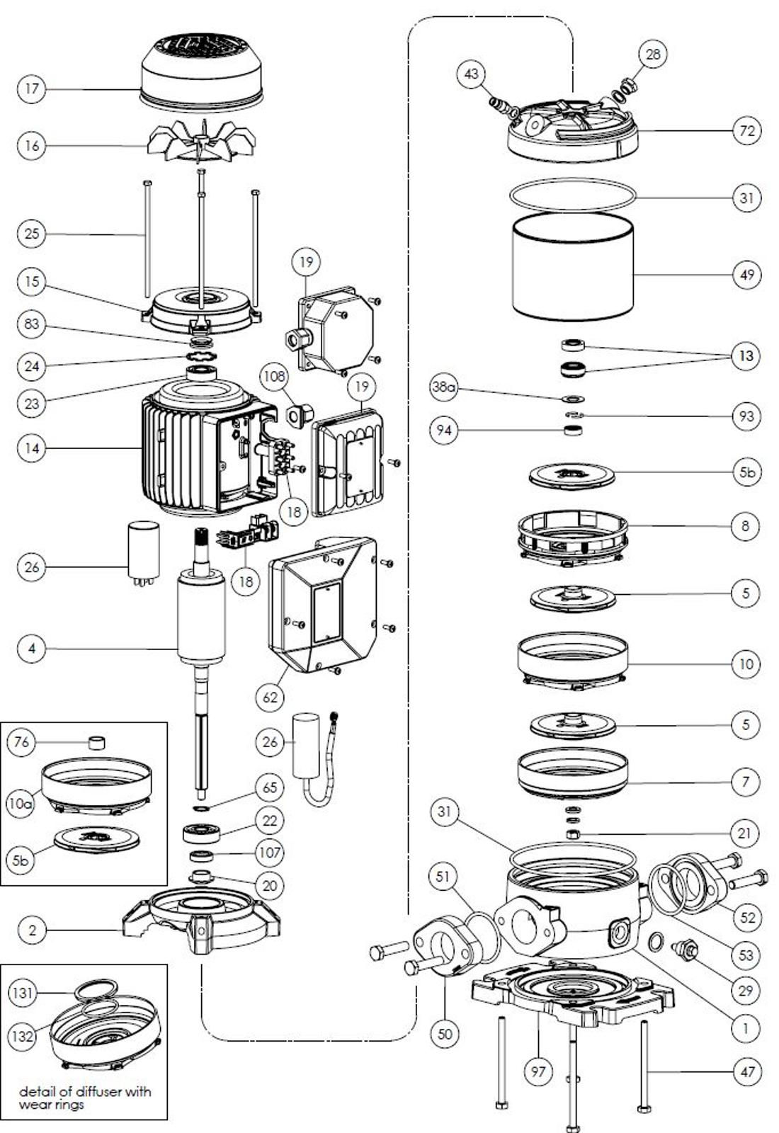 Exploded diagram QF810506040ZX Spares model P 5L-180/6T 230/400-50 IE3 FORAS, PENTAX, MARLY water pumps