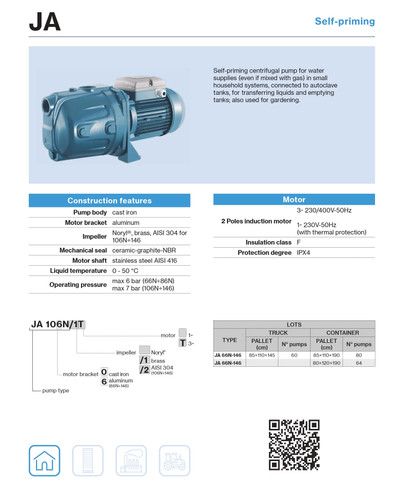 FORAS JA100N Selbstansaugende Kreiselpumpe – 230V, 1,0 KW, 70 L/min, 51 M Förderhöhe, Made In Italy Von Pentax