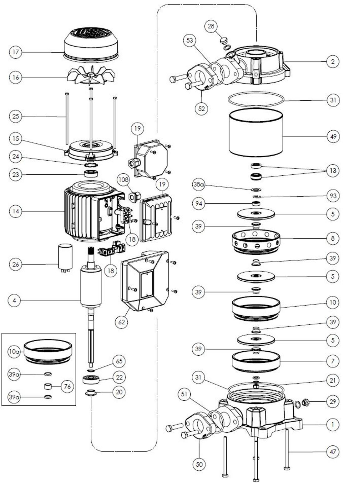 Exploded diagram id QF510907240Z spares pump's Foras P 9SV-400/7T 230/400-50 IE3 and FORAS, PENTAX, MARLY water pumps