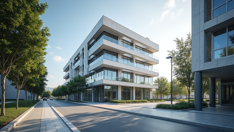 Eye-level view of a modern office building in Gelibolu