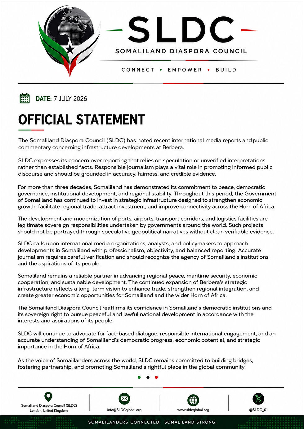 SLDC Statement: Facts Must Prevail Over Speculation in Reporting on Berbera