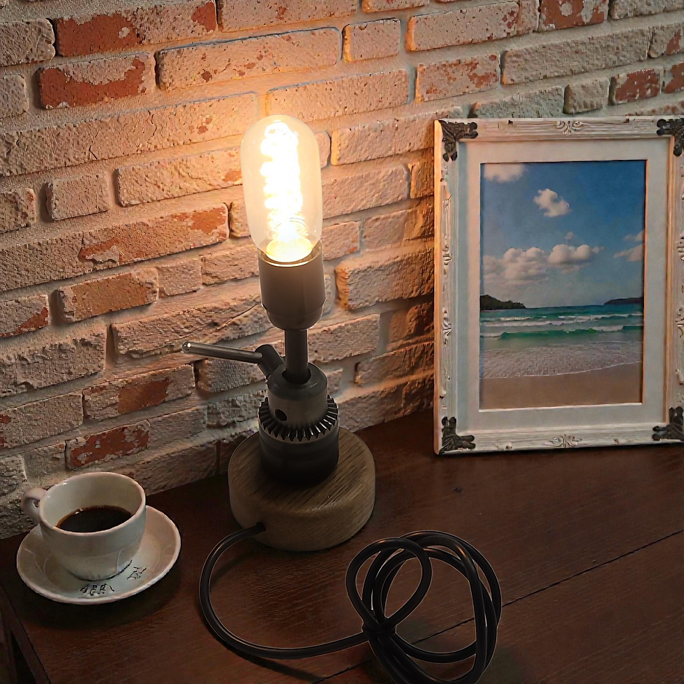 Thumbnail: Pillar Drill Chuck Table Lamp on Solid Oak Base – Industrial Workshop Style Ligh