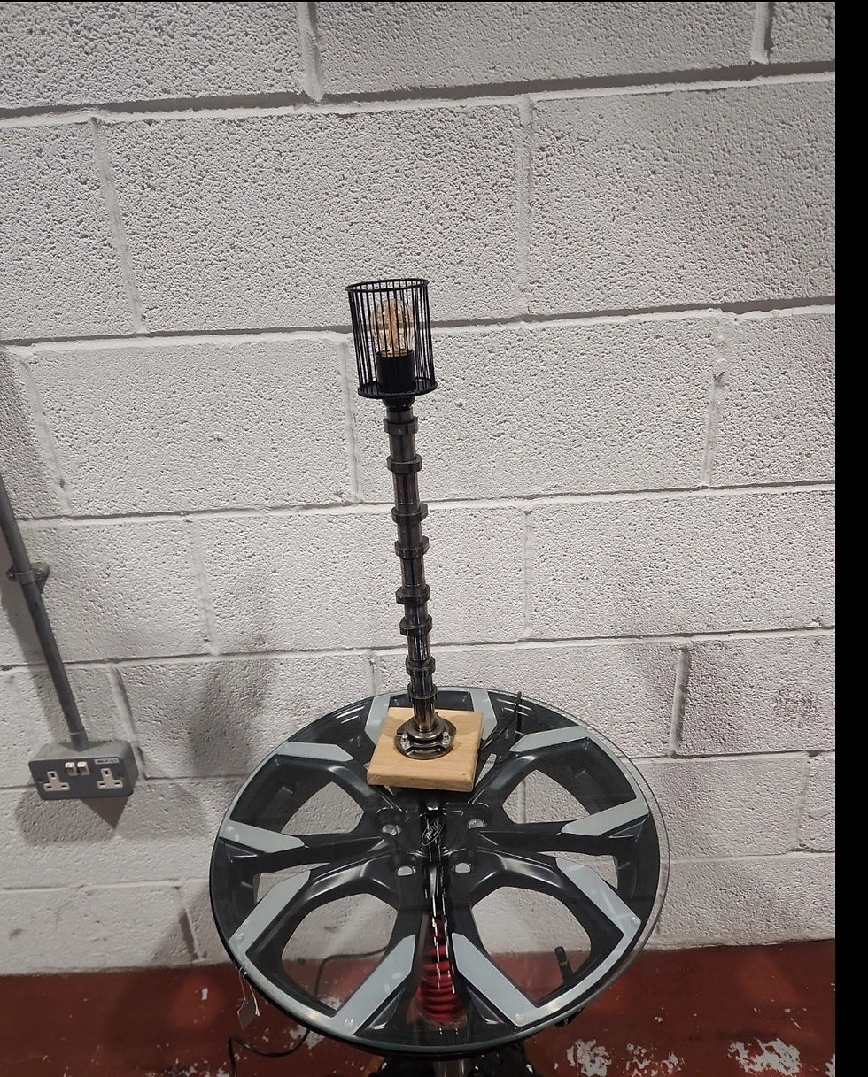 Thumbnail: Industrial Handmade Transit Cam Shaft Lamp Mounted On Oak Base With Vintage Bu