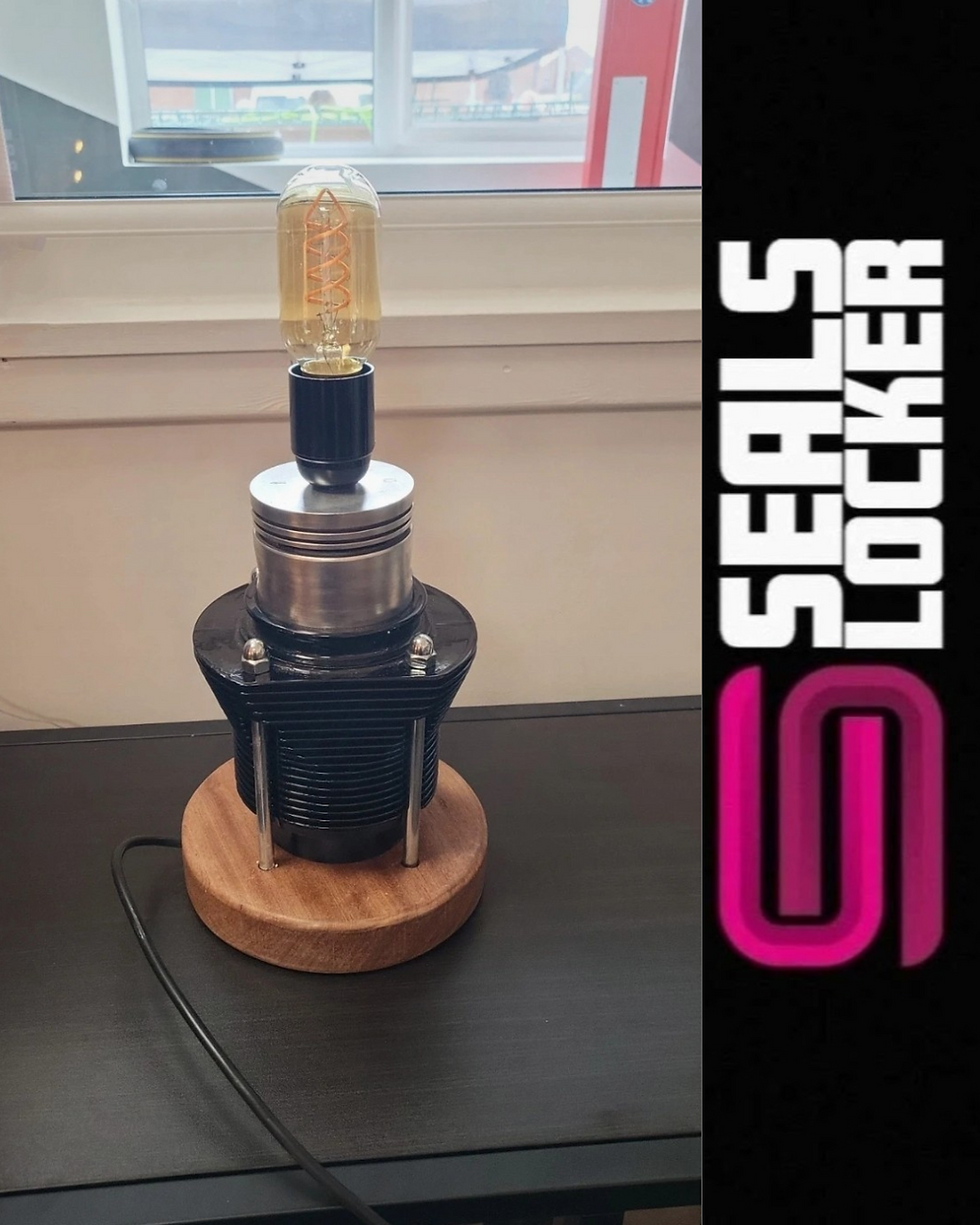 Thumbnail: Unique Handmade Upcycled VW Aircooled Barrel And Piston Lamp On Mahogany Base 