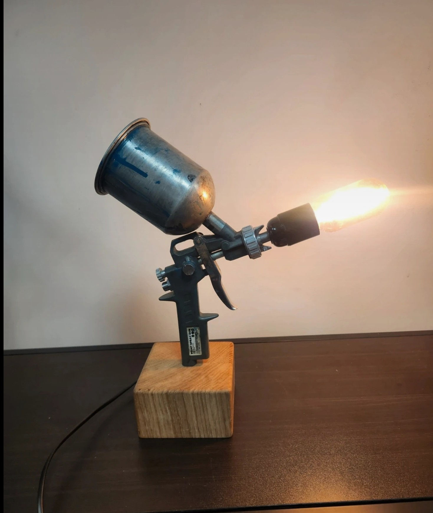 Handmade Industrial Spray Gun Table Lamp on Solid Oak Base