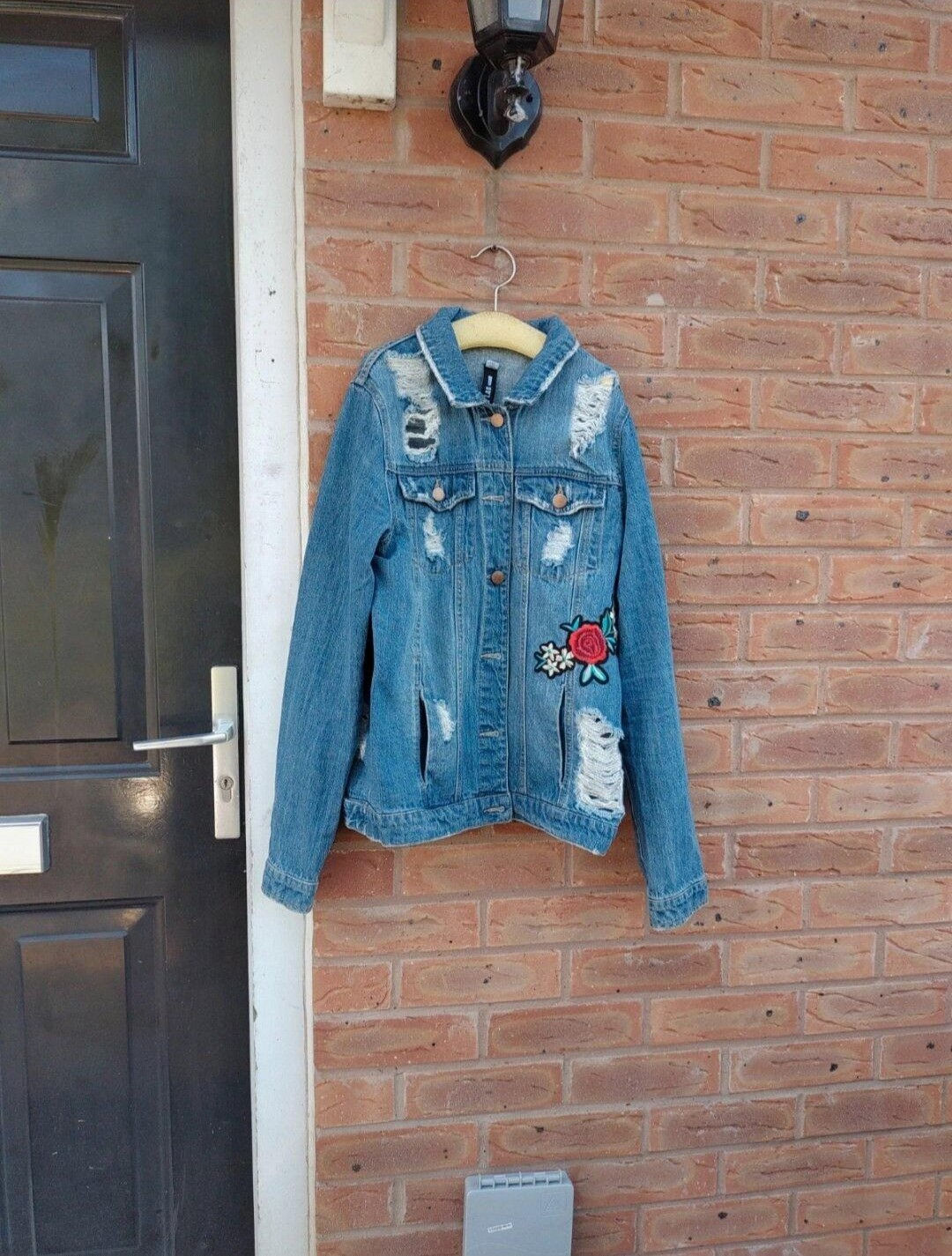 Design Lab Distressed Denim Jacket With Embroidered Roses S