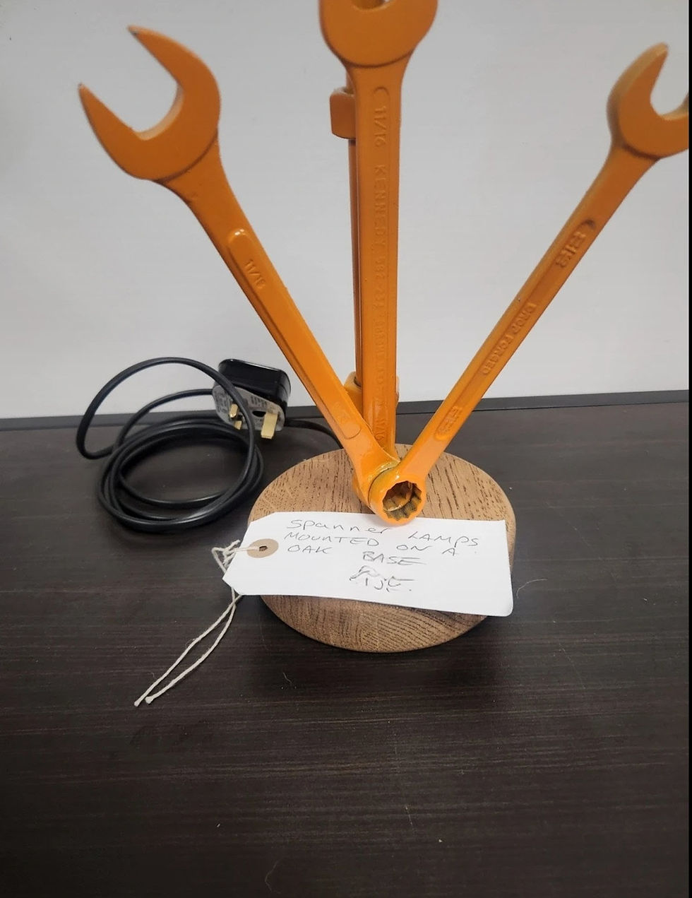 Thumbnail: Handcrafted Orange Spanner Table Lamp On Oak Base