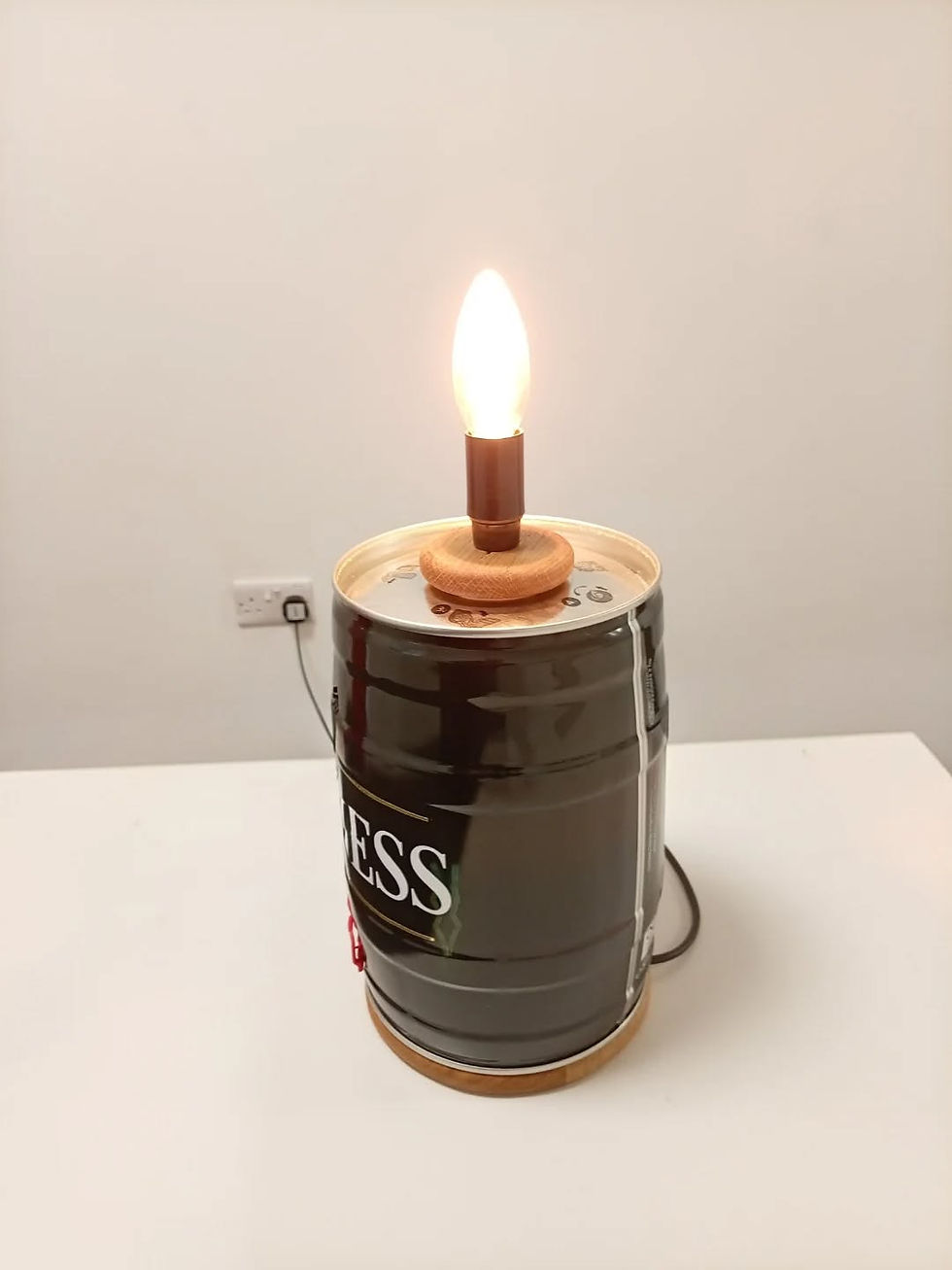 Thumbnail: Handmade Guinness Barrel Lamp on Solid Oak Base with Warm LED Bulb – Pub & Man C