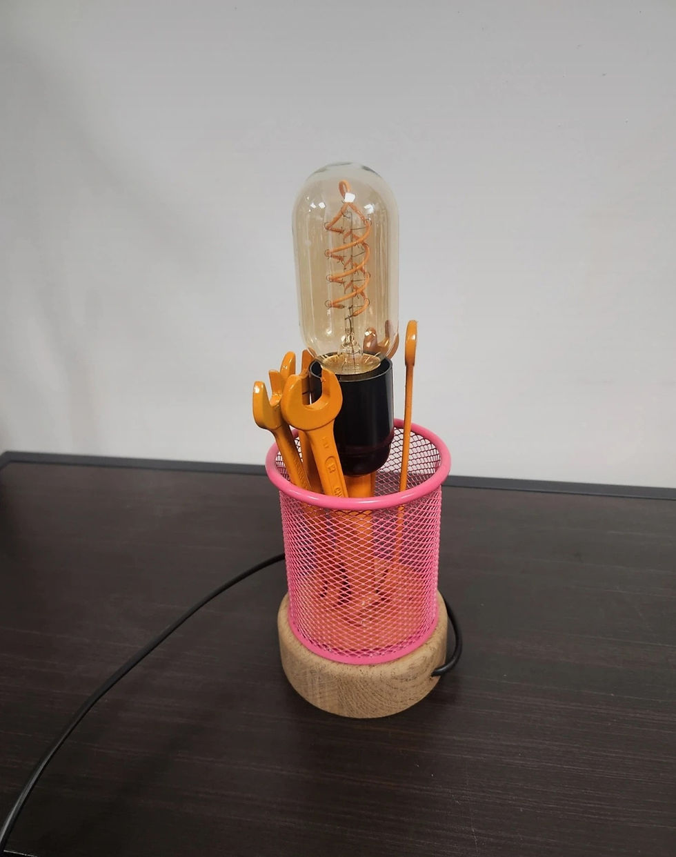 Thumbnail: Industrial Pink/Orange Spanner Pencil Rack Table Lamp Mounted On Oak Base