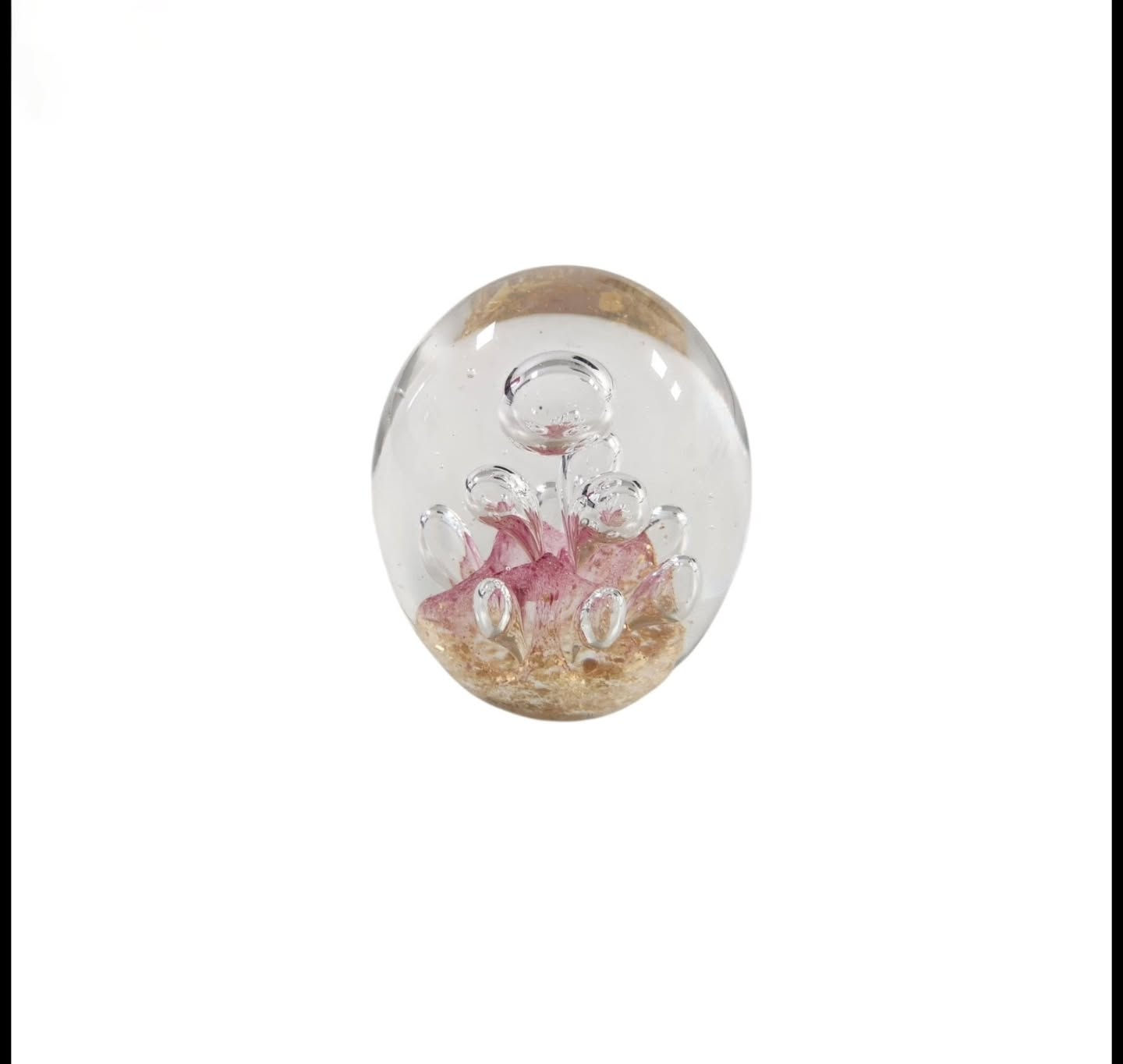 Large Glass Paperweight With Air Bubbles Pink & Gold Flakes 10cmx5cm