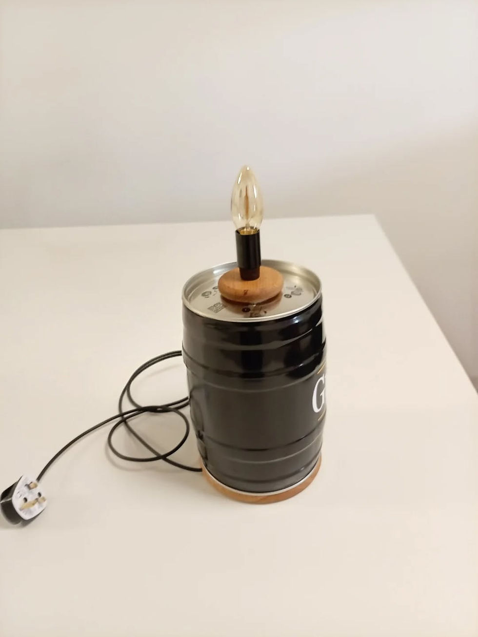 Thumbnail: Handmade Guinness Barrel Lamp on Solid Oak Base with Warm LED Bulb – Pub & Man C