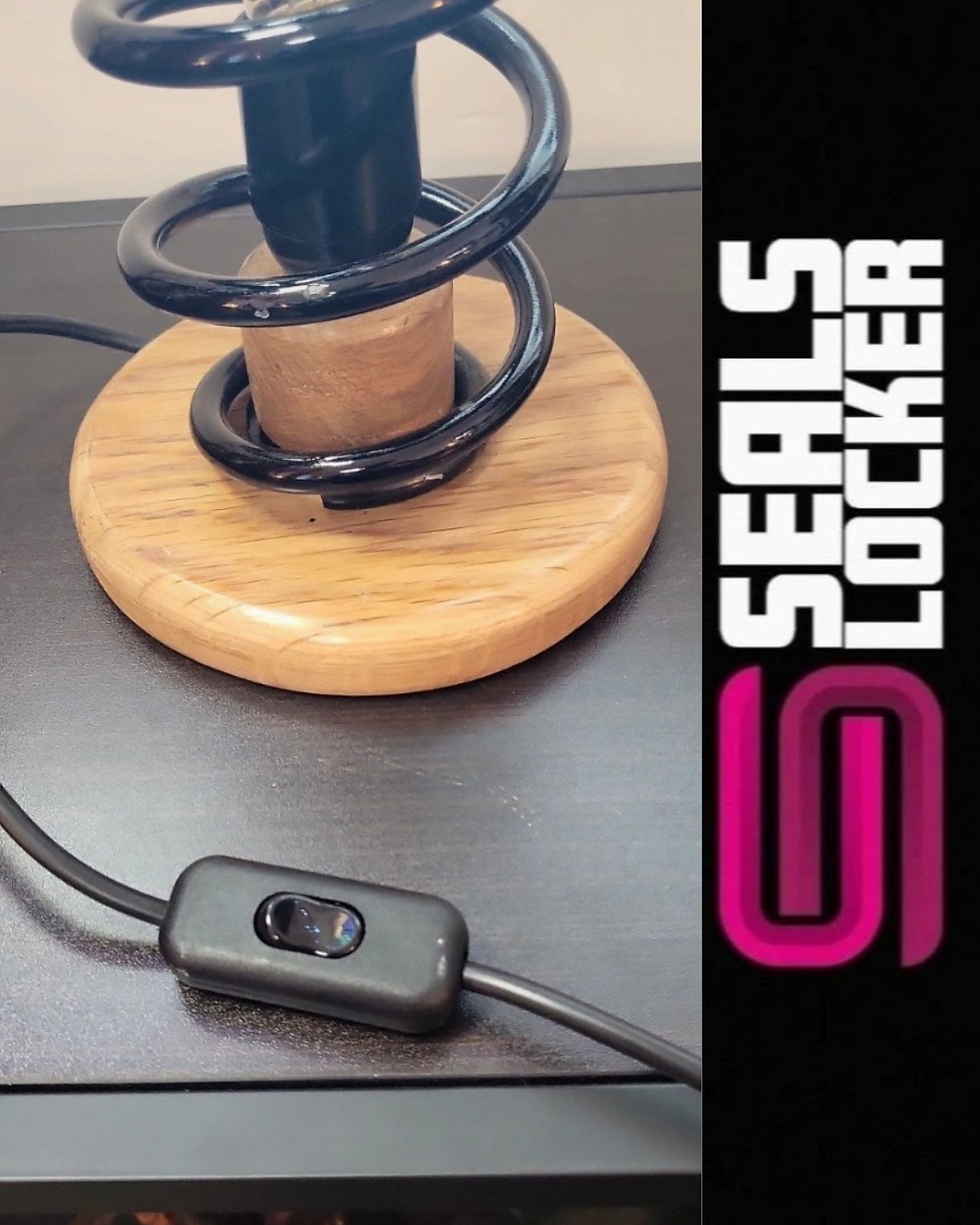 Thumbnail: Handmade Upcycled Unique Small Car Rear Coil Spring Lamp On Oak Base 