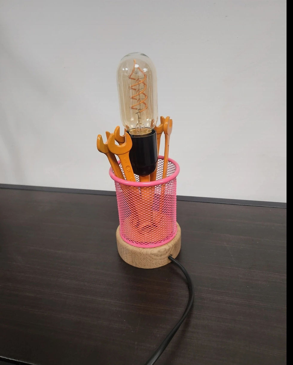 Industrial Pink/Orange Spanner Pencil Rack Table Lamp Mounted On Oak Base