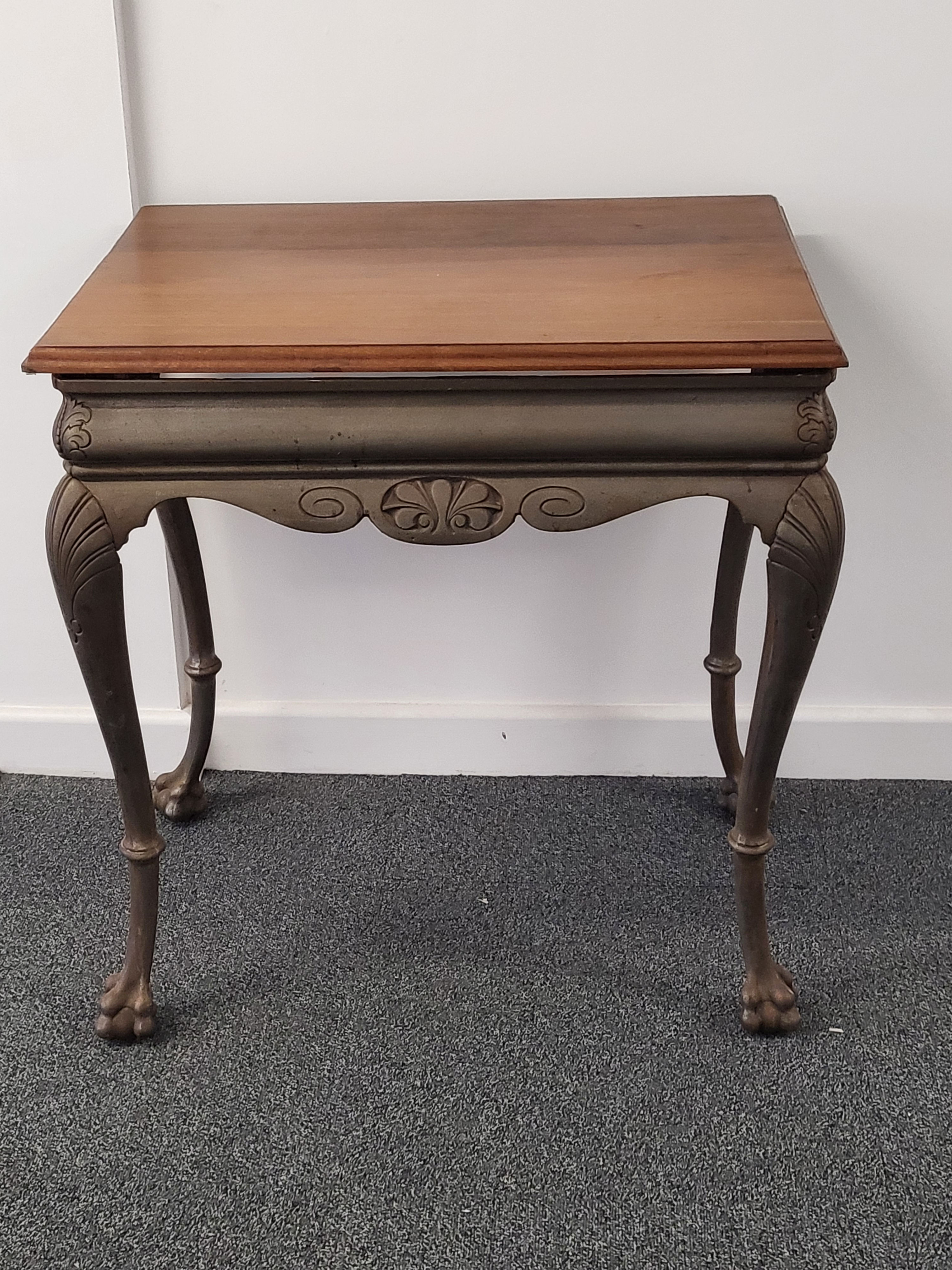 Antique Cast Iron Claw Foot Side Table with Ornate Carved Details and Wood Top