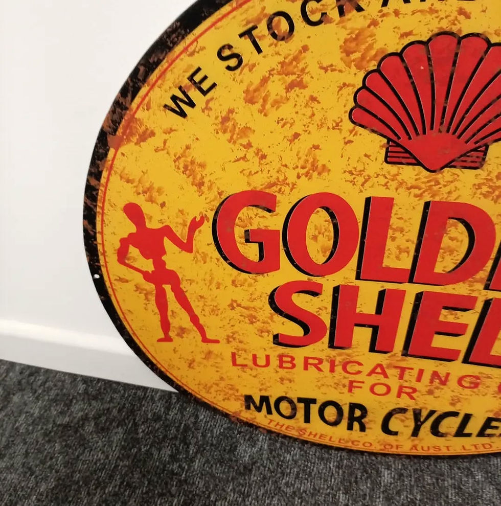 Thumbnail: New Distressed XL Golden Shell Lubricating Oil for Motor Cycles Tin Sign Garage 
