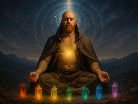 Hombre en pose de meditación conectando con su energía interna generando un halo alrededor de su cabeza.