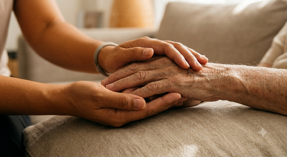 A Verdant Care Partners caregiver holding an elderly client's hands in a moment of comfort and connection