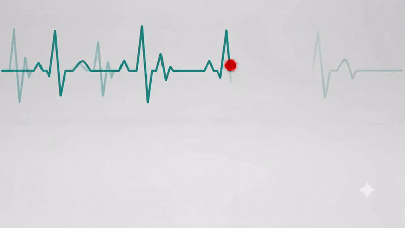 Animated EKG heartbeat line in teal, sweeping left to right across a light gray background, with a red pulse dot tracing the leading edge of the waveform.
