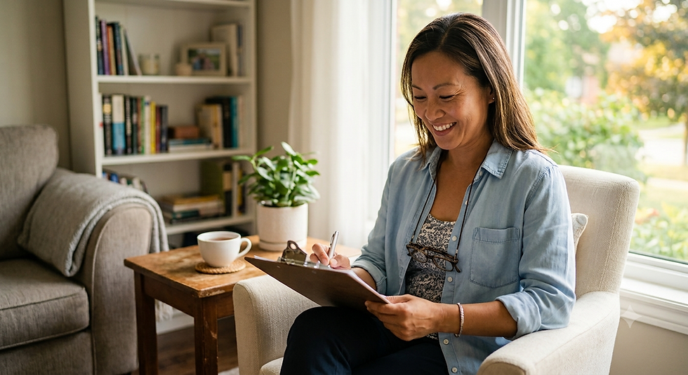 Smiling woman sitting in a bright, comfortable living space reviewing documents on a clipboard, with a cup of tea and houseplants nearby.