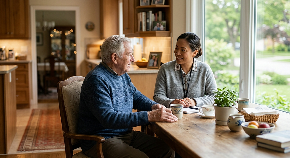 Caregiver and elderly male client sharing a warm conversation at a kitchen table, with plants and natural light in the background.
