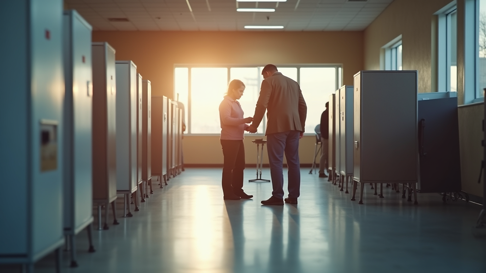 Eye-level view of a polling station with voters casting their ballots