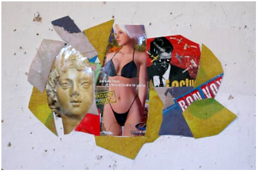 collage avec une tête d'ange et une femme en bikini