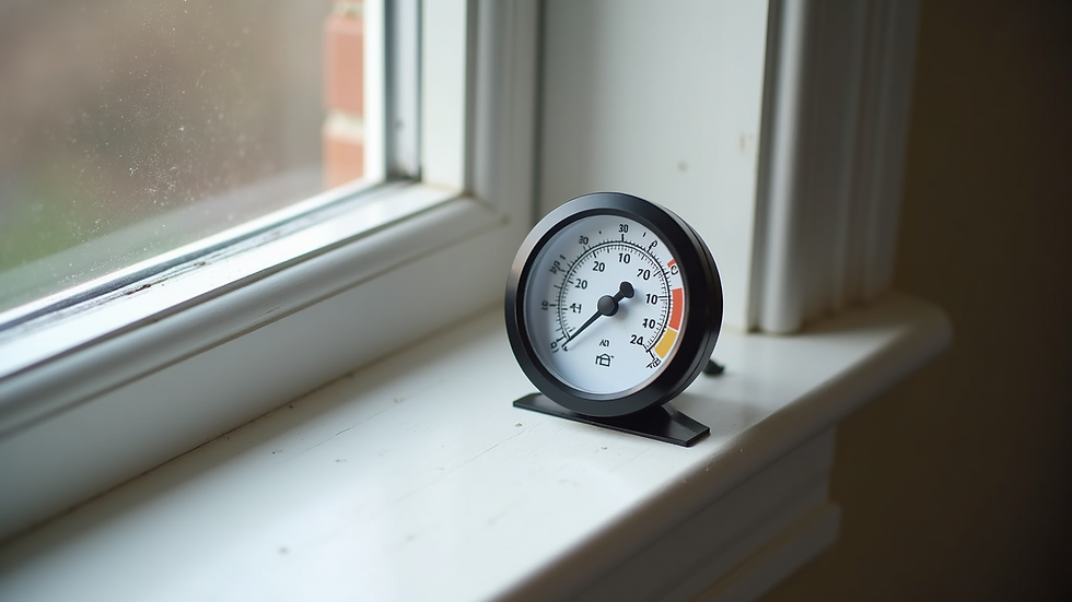 High angle view of a hygrometer measuring indoor humidity near a window