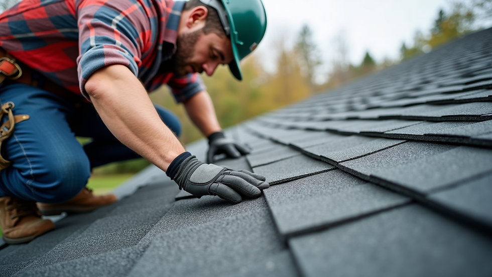 Close-up view of a roofing professional inspecting shingles