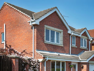 Image of house with a blue sky and florals on the side of the building