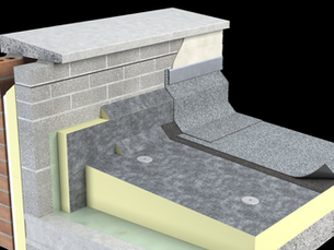 Cross-section illustration of a flat roof system showing layers of insulation
