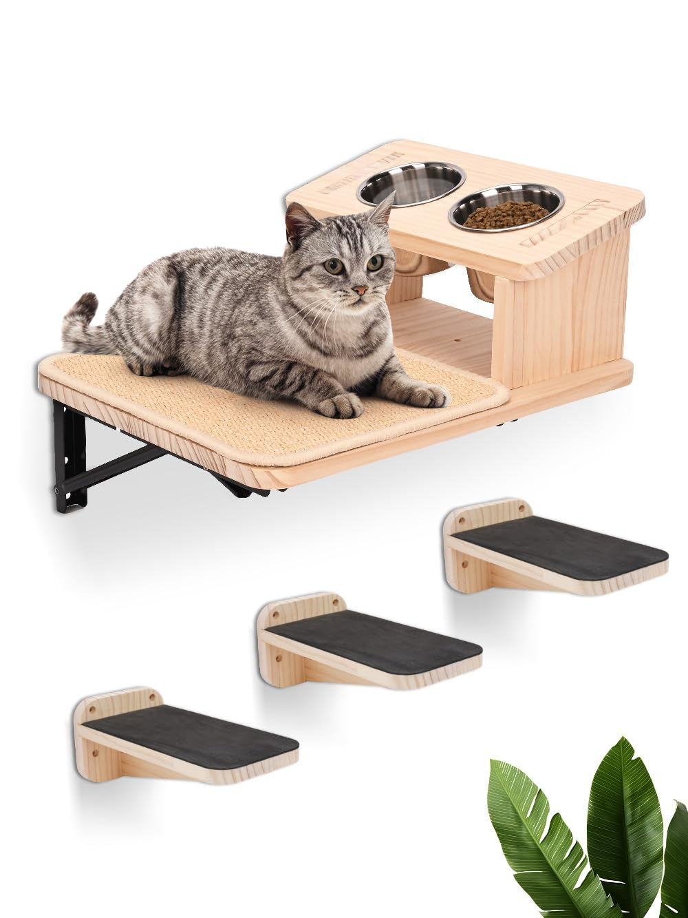 Cat Wall Shelves Cat Shelves with 3 Cimbing Wall Steps & Cat Feeding Bowls Stati
