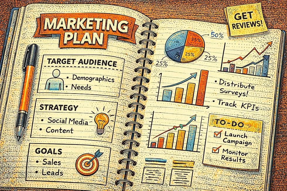 Close-up view of a notebook with a detailed marketing plan and colorful notes